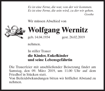 Traueranzeige von Wolfgang Wernitz von Märkischen Allgemeine Zeitung