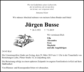 Traueranzeige von Jürgen Busse von Kieler Nachrichten