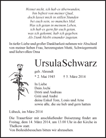 Traueranzeige von Ursula Schwarz von OSTSEE-ZEITUNG