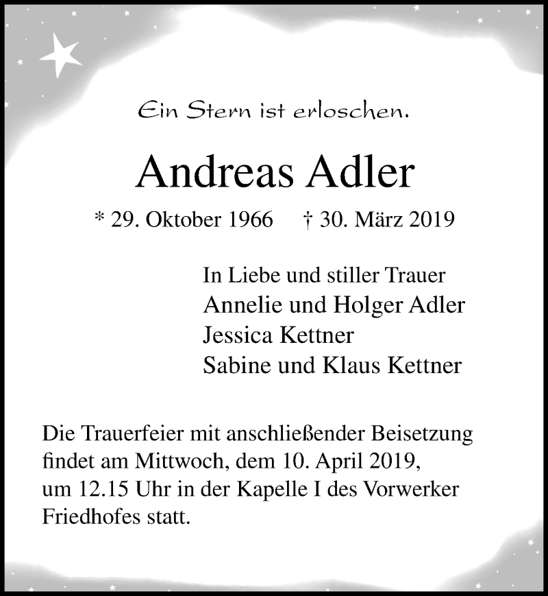  Traueranzeige für Andreas Adler vom 07.04.2019 aus Lübecker Nachrichten