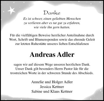 Traueranzeige von Andreas Adler von Lübecker Nachrichten