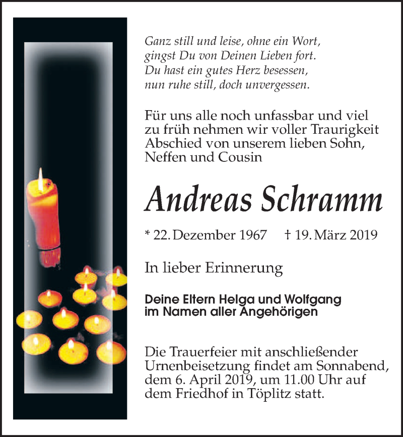  Traueranzeige für Andreas Schramm vom 23.03.2019 aus Märkischen Allgemeine Zeitung