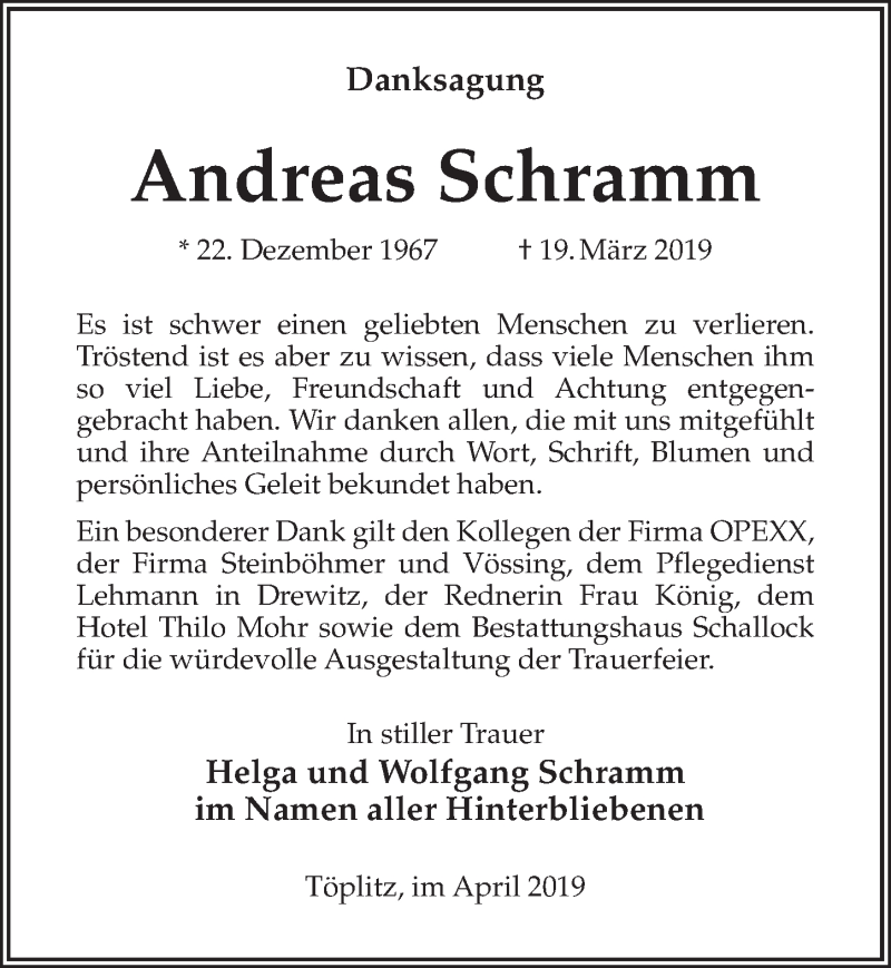  Traueranzeige für Andreas Schramm vom 13.04.2019 aus Märkischen Allgemeine Zeitung