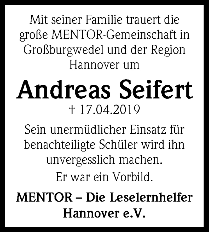  Traueranzeige für Andreas Seifert vom 26.04.2019 aus Hannoversche Allgemeine Zeitung/Neue Presse