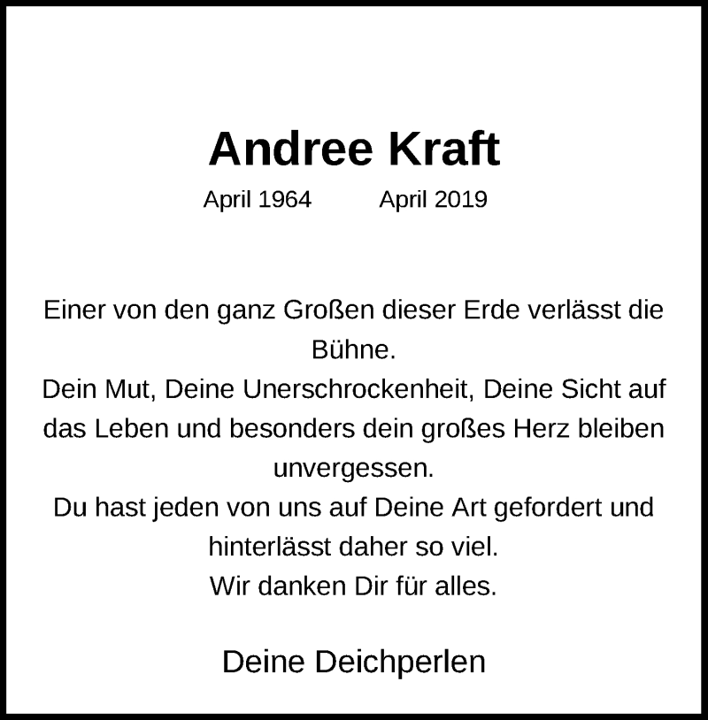  Traueranzeige für Andree Kraft vom 13.04.2019 aus Kieler Nachrichten