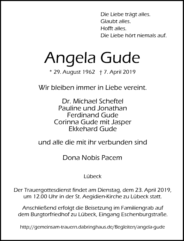  Traueranzeige für Angela Gude vom 14.04.2019 aus Lübecker Nachrichten