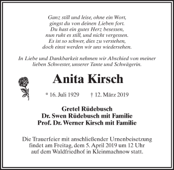 Traueranzeige von Anita Kirsch von Märkischen Allgemeine Zeitung