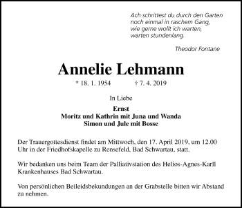 Traueranzeige von Annelie Lehmann von Lübecker Nachrichten