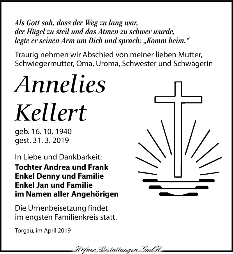  Traueranzeige für Annelies Kellert vom 06.04.2019 aus Torgauer Zeitung