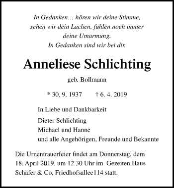 Traueranzeige von Anneliese Schlichting von Lübecker Nachrichten