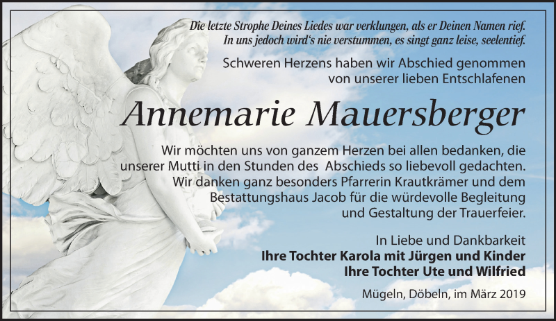  Traueranzeige für Annemarie Mauersberger vom 06.04.2019 aus Leipziger Volkszeitung