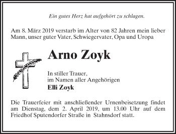 Traueranzeige von Arno Zoyk von Märkischen Allgemeine Zeitung