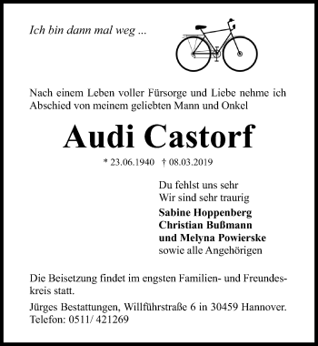 Traueranzeige von Audi Castorf von Hannoversche Allgemeine Zeitung/Neue Presse