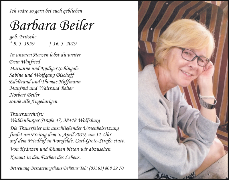  Traueranzeige für Barbara Beiler vom 20.03.2019 aus Aller Zeitung