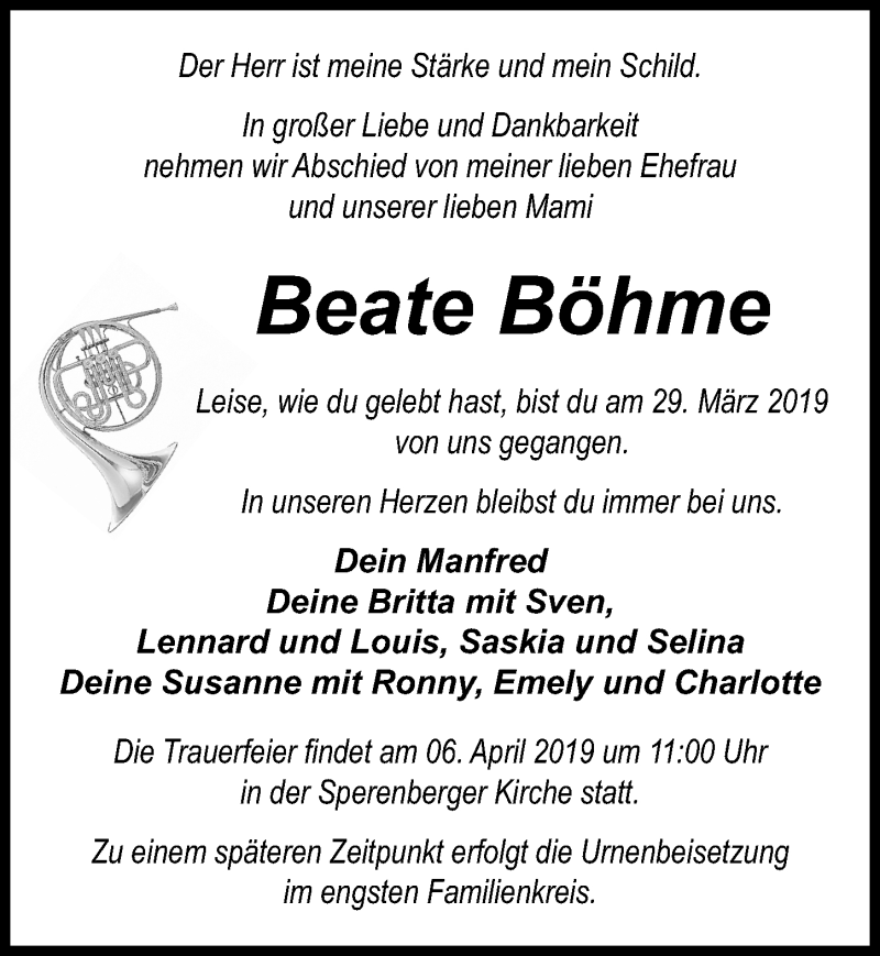 Traueranzeige für Beate Böhme vom 02.04.2019 aus Märkischen Allgemeine Zeitung