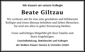 Traueranzeige von Beate Giltzau von Kieler Nachrichten