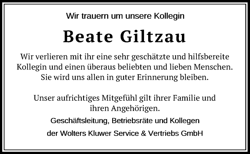  Traueranzeige für Beate Giltzau vom 22.03.2019 aus Kieler Nachrichten