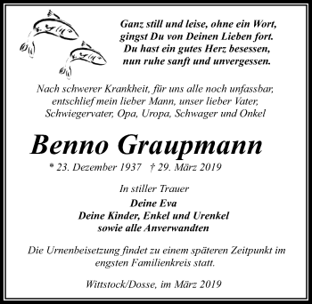 Traueranzeige von Benno Graupmann von Märkischen Allgemeine Zeitung