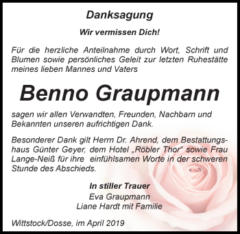 Traueranzeige von Benno Graupmann von Märkischen Allgemeine Zeitung