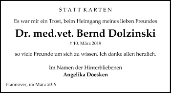 Traueranzeige von Bernd Dolzinski von Hannoversche Allgemeine Zeitung/Neue Presse