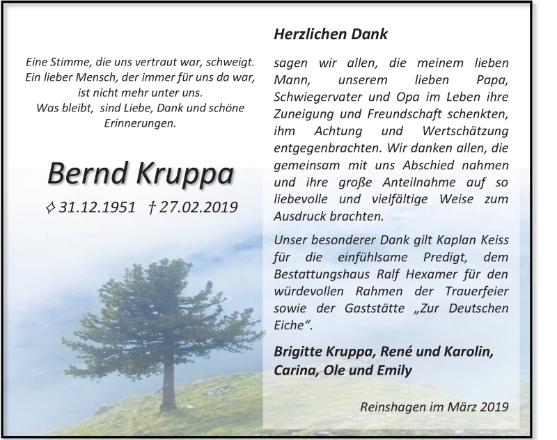  Traueranzeige für Bernd Kruppa vom 23.03.2019 aus Ostsee-Zeitung GmbH
