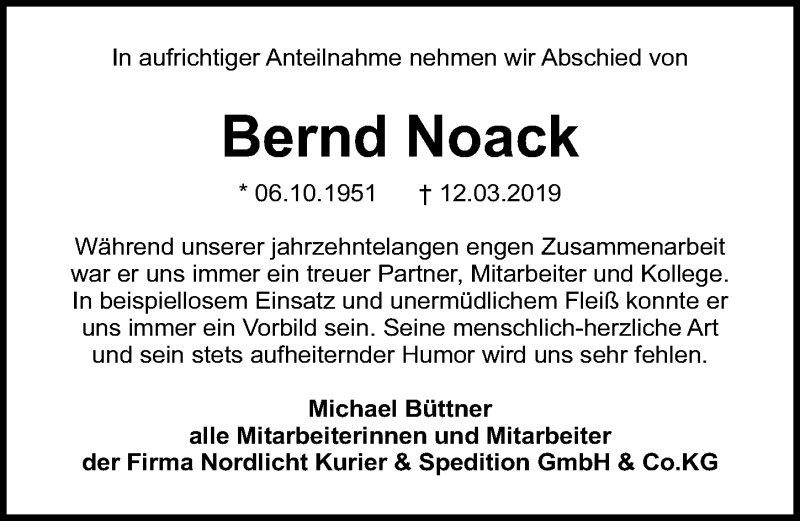 Traueranzeigen Von Bernd Noack | Trauer-anzeigen.de