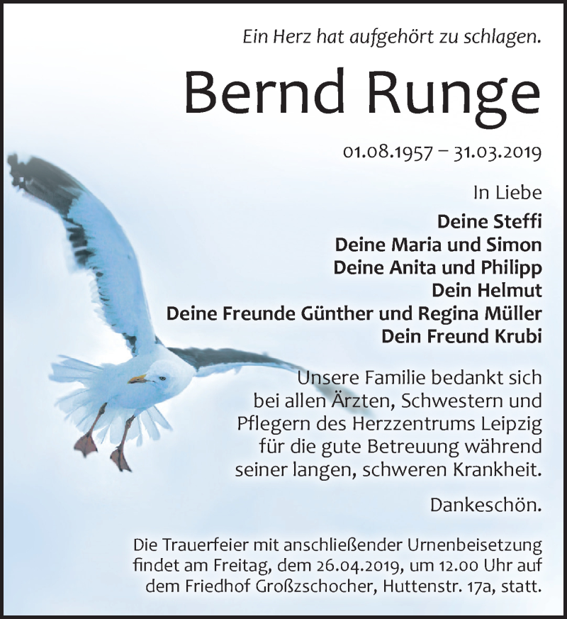  Traueranzeige für Bernd Runge vom 06.04.2019 aus Leipziger Volkszeitung