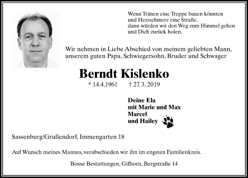  Traueranzeige für Berndt Kislenko vom 30.03.2019 aus Aller Zeitung