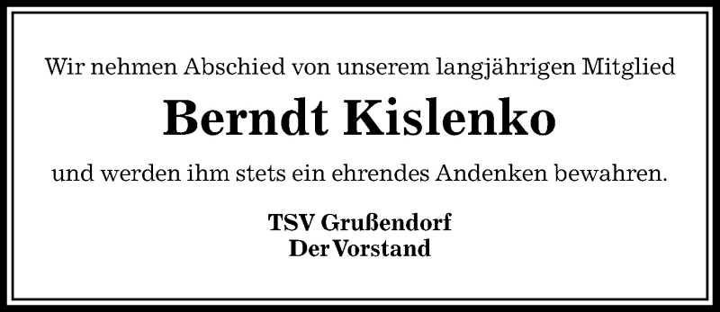  Traueranzeige für Berndt Kislenko vom 02.04.2019 aus Aller Zeitung