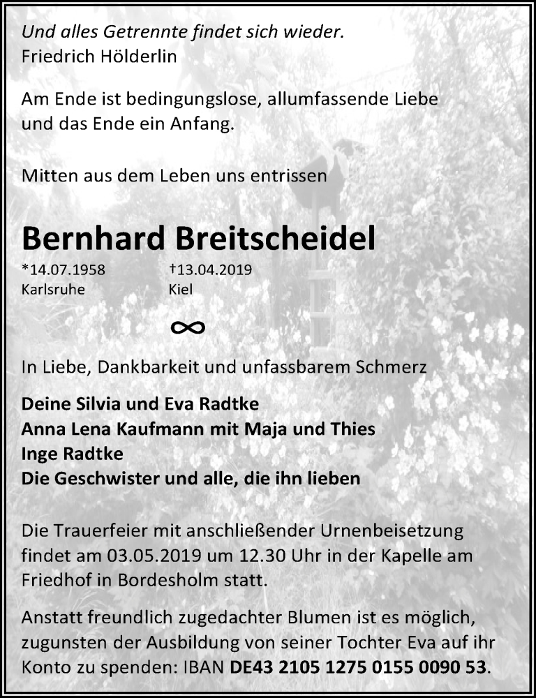  Traueranzeige für Bernhard Breitscheidel vom 27.04.2019 aus Kieler Nachrichten