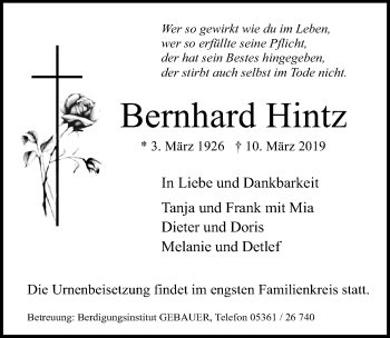 Traueranzeige von Bernhard Hintz von Aller Zeitung