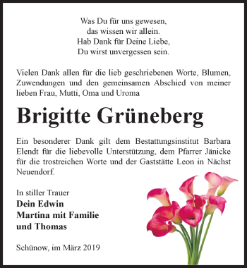 Traueranzeige von Brigitte Grüneberg von Märkischen Allgemeine Zeitung