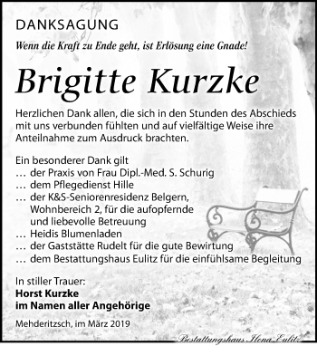 Traueranzeige von Brigitte Kurzke von Torgauer Zeitung