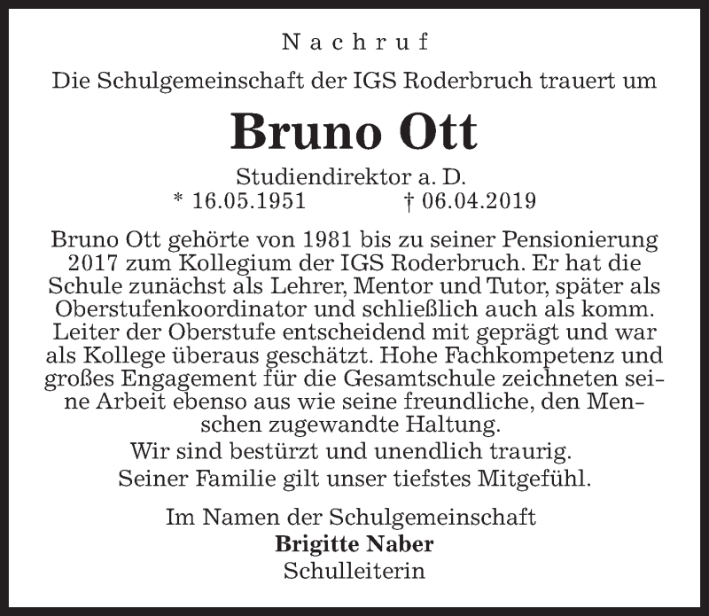  Traueranzeige für Bruno Ott vom 17.04.2019 aus Hannoversche Allgemeine Zeitung/Neue Presse