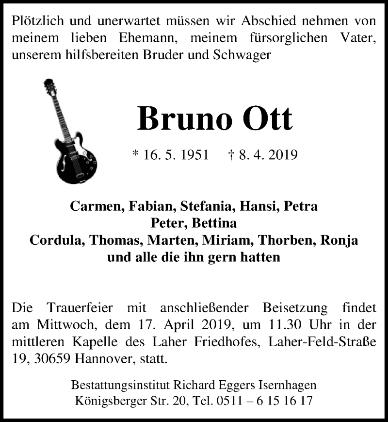  Traueranzeige für Bruno Ott vom 13.04.2019 aus Hannoversche Allgemeine Zeitung/Neue Presse