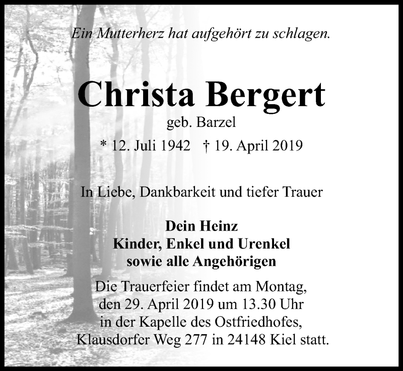  Traueranzeige für Christa Bergert vom 27.04.2019 aus Kieler Nachrichten
