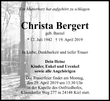 Traueranzeige von Christa Bergert von Kieler Nachrichten