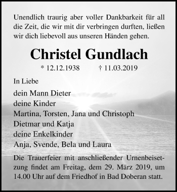 Traueranzeige von Christel Gundlach von Ostsee-Zeitung GmbH