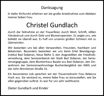 Traueranzeige von Christel Gundlach von Ostsee-Zeitung GmbH