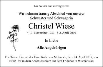 Traueranzeige von Christel Wiese von Ostsee-Zeitung GmbH