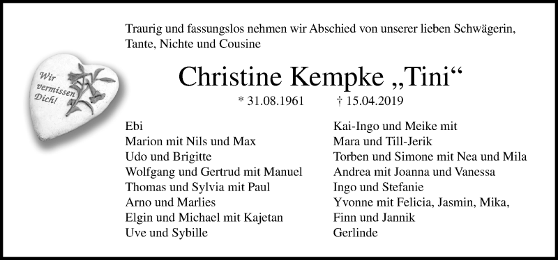  Traueranzeige für Christine Kempke vom 21.04.2019 aus Lübecker Nachrichten