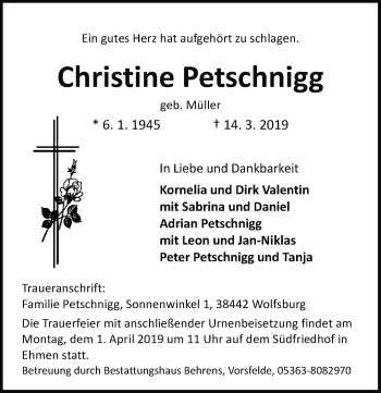 Traueranzeige von Christine Petschnigg von Aller Zeitung