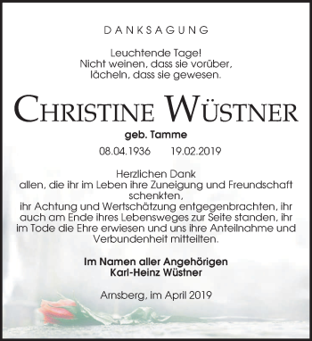 Traueranzeige von Christine Wüstner von Leipziger Volkszeitung