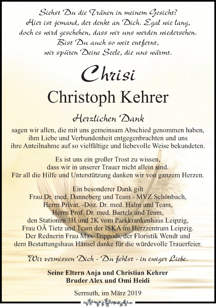  Traueranzeige für Christoph Kehrer vom 06.04.2019 aus Leipziger Volkszeitung