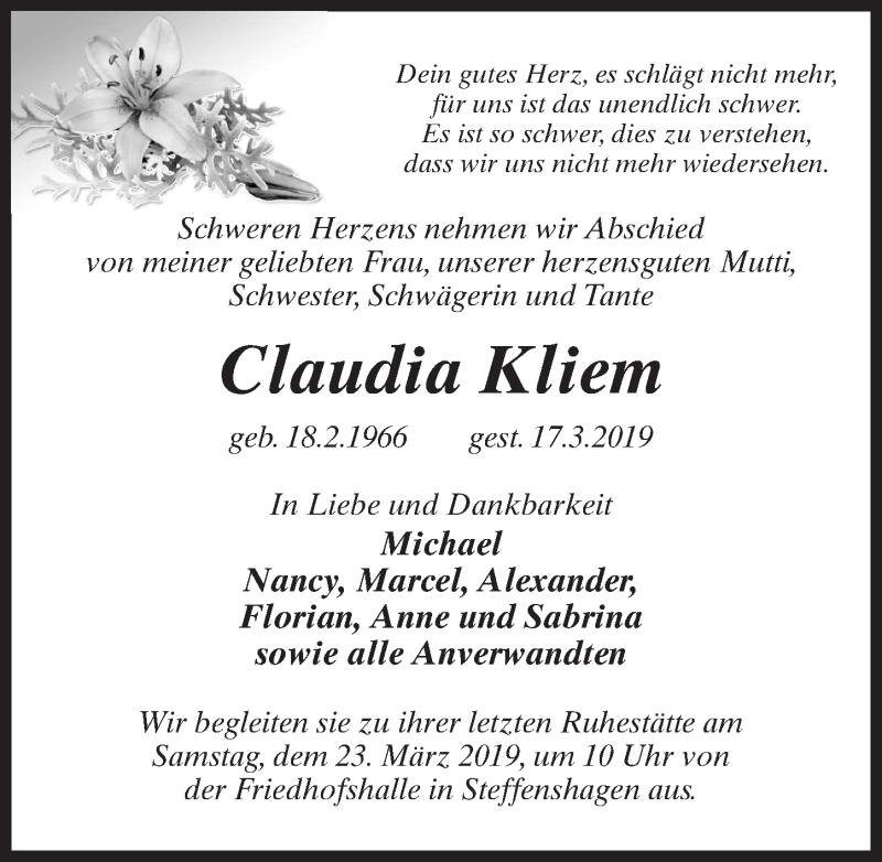 Traueranzeige für Claudia Kliem vom 21.03.2019 aus Märkischen Allgemeine Zeitung