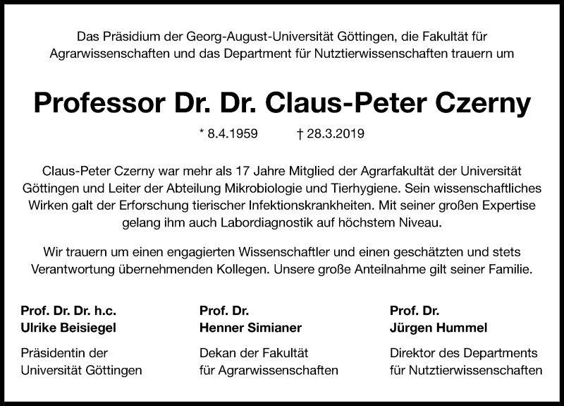  Traueranzeige für Claus-Peter Czerny vom 06.04.2019 aus Göttinger Tageblatt