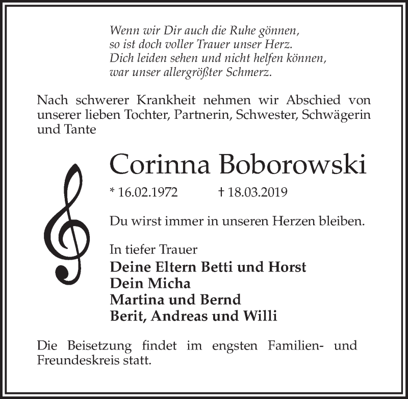  Traueranzeige für Corinna Boborowski vom 23.03.2019 aus Märkischen Allgemeine Zeitung