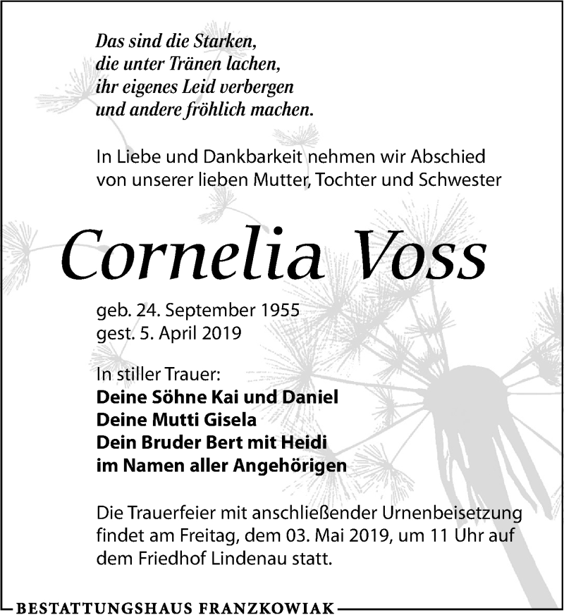  Traueranzeige für Cornelia Voss vom 27.04.2019 aus Leipziger Volkszeitung