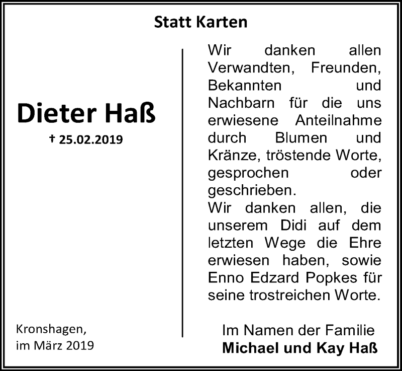  Traueranzeige für Dieter  Haß vom 23.03.2019 aus Kieler Nachrichten