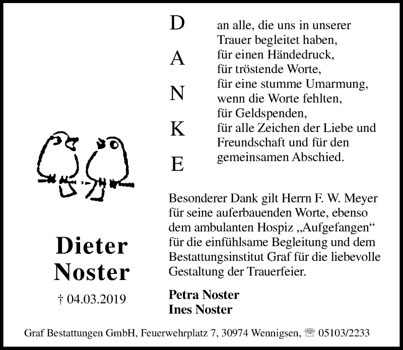  Traueranzeige für Dieter Noster vom 06.04.2019 aus Hannoversche Allgemeine Zeitung/Neue Presse